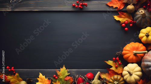 Blank blackboard with copy space surrounded by fall decoration like leaves  pumpkins  red rowan. Seasonal Thanksgiving background. Top view.