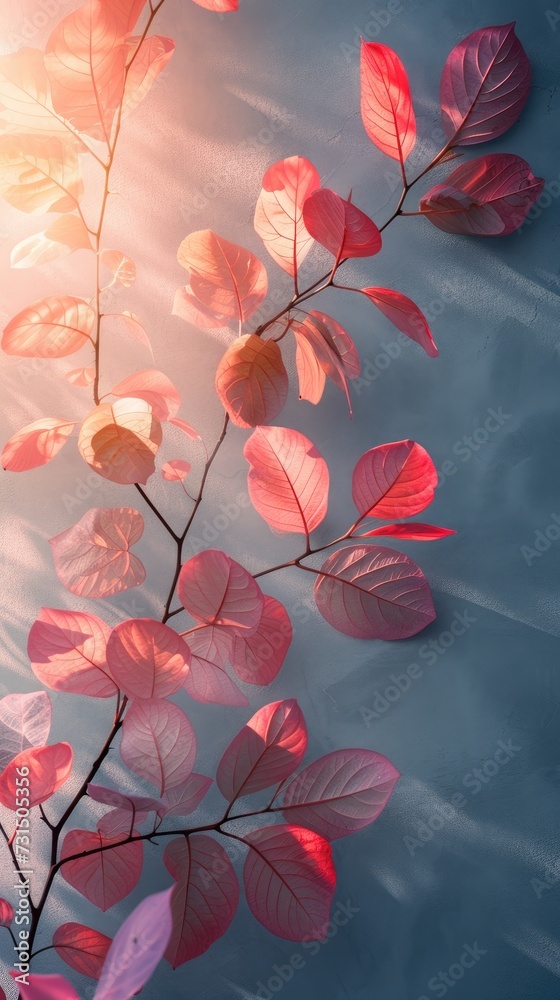 Radiant Red Leaves Against Moody Blue Botanical Backdrop. Background for Instagram Story, Banner Radiant Red Leaves Against Moody Blue Botanical Backdrop. Background for Instagram Story, Banner