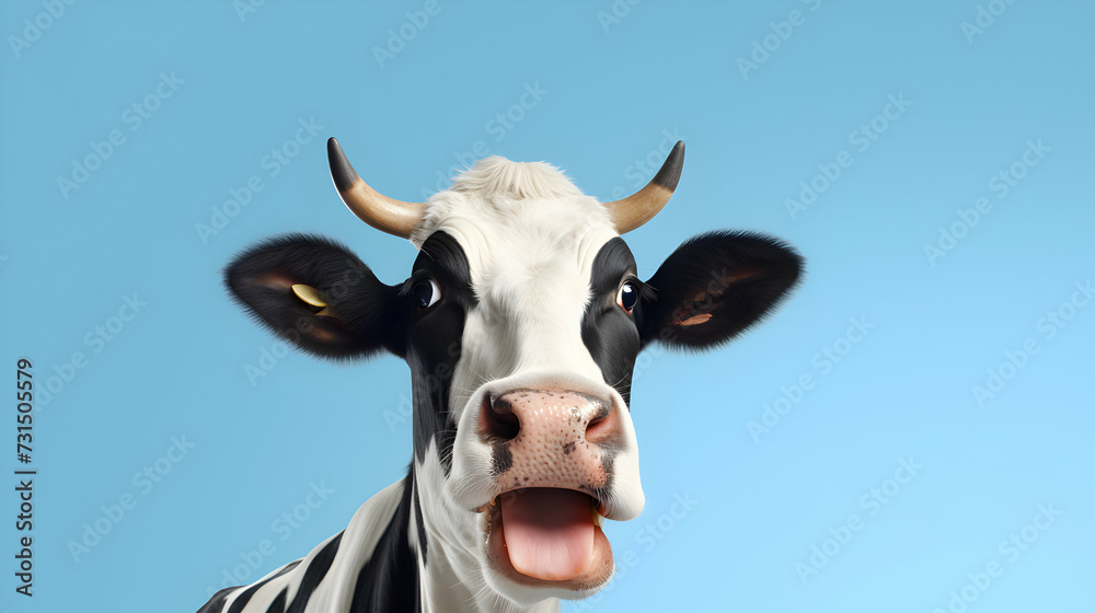 Happy cow with open-mouth tongue looking to a camera on blue clear background with copy space, blank space for display product