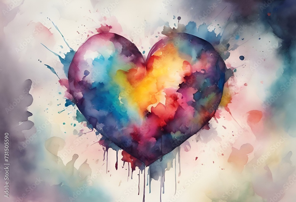 AI generated illustration of a vibrant watercolor heart artwork with expressive colors