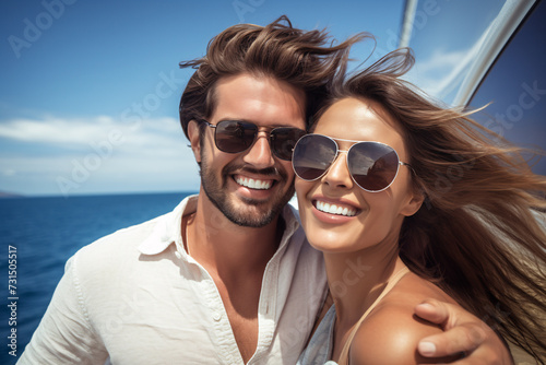 Young smiling couple on vacations on yacht or cruise ship © Firn