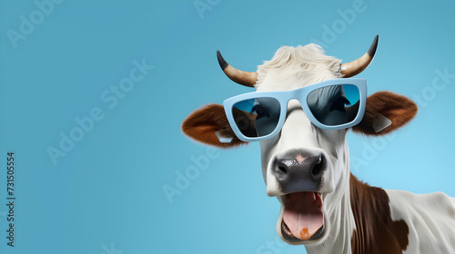 Smiling Cow with Sunglasses, Funny Portrait on Blue Background