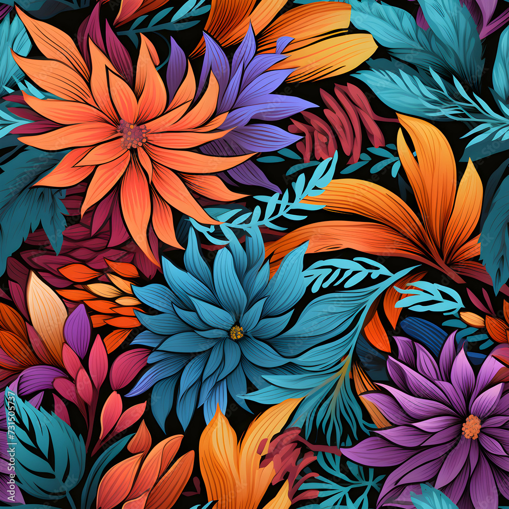 Tropical flowers in seamless composition. Pattern exotic wallpaper, wrapping print