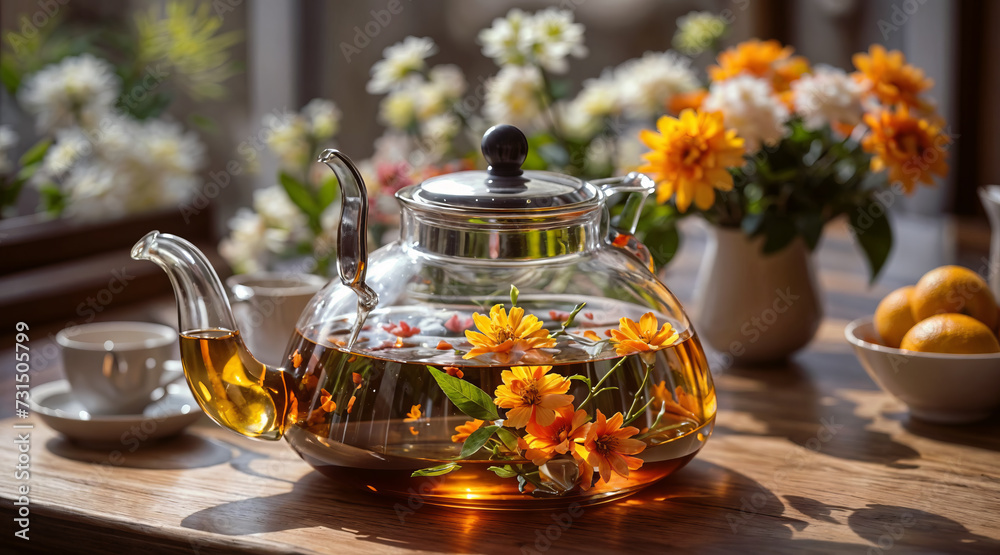 Flower tea in a glass teapot. AI Flower tea in a glass teapot. AI