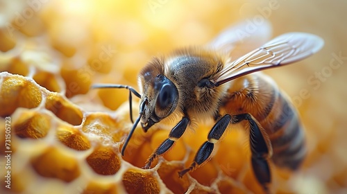 Close-up portrait beautiful honeycomb with bees © Mas