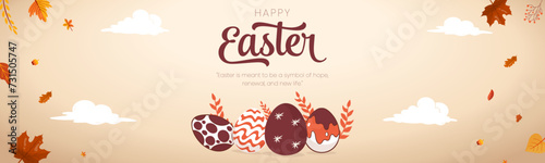 Happy Easter banner. Greeting card, poster or banner with bunny, flowers and Easter egg. Egg hunt poster. Spring background.
