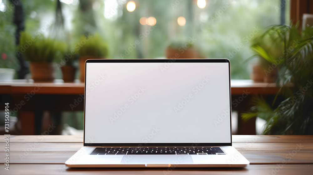 Laptop computer mockup with blank screen on office wooden desk. For design presentation or portfolio Laptop computer mockup with blank screen on office wooden desk. For design presentation or portfolio