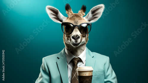 A dapper giraffe in a sleek suit enjoys a cup of coffee against a turquoise backdrop © Алла Морозова