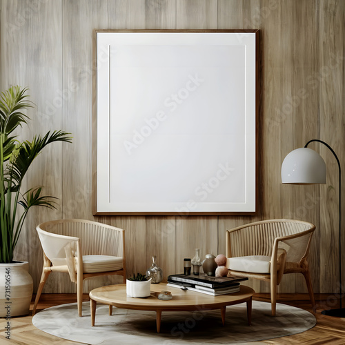Mockup poster frame on the wall of living room. Luxurious apartment background with contemporary design. Modern interior design. 3D render, 3D illustration. © fahim