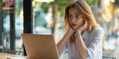 Thinking, laptop and typing business woman, bank consultant or working on research report, project or solution. Computer, administration analysis and professional person reading online account data