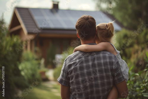 A father carries his child to stand and look at the solar panels installed on the roof of their house. Generative ai Illustration.