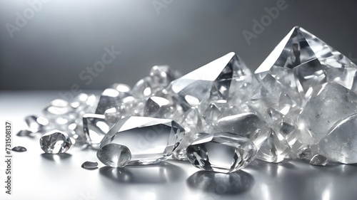Many transparent crystals on a gray surface, silver background