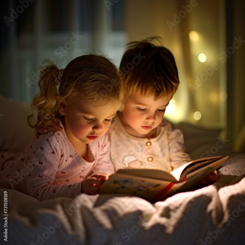 Children brother and sister reading book in bed after bedtime, preschool children in pajamas reading fairy tales at night 