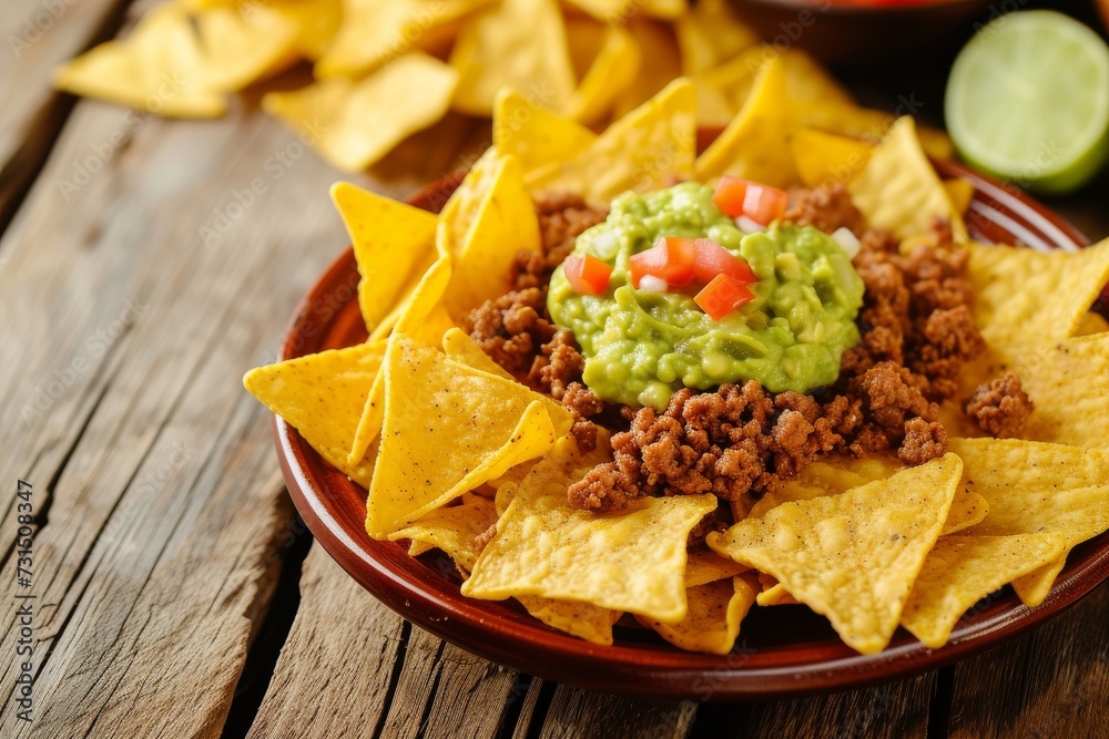 Nachos with ground beef, guacamole, and tomatoes on wooden table Nachos with ground beef, guacamole, and tomatoes on wooden table