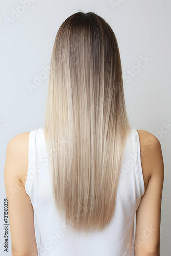 White woman with blonde straight hair, female rear view with shirt, vertical ratio format