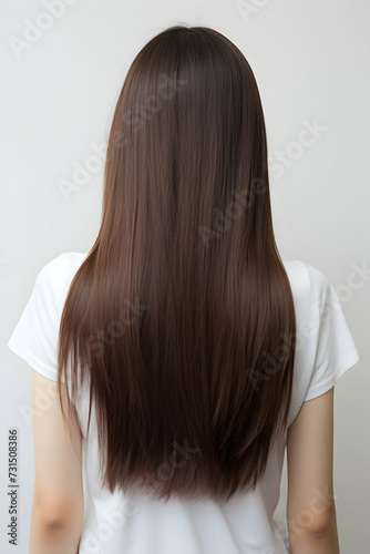 White woman with brunette straight hair, female rear view with shirt, vertical ratio format