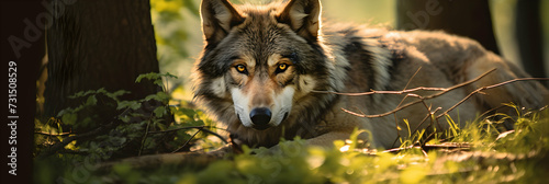 Portrait of wolf lying on the grass in the forest, looking straight at the camera, panoramic nature banner