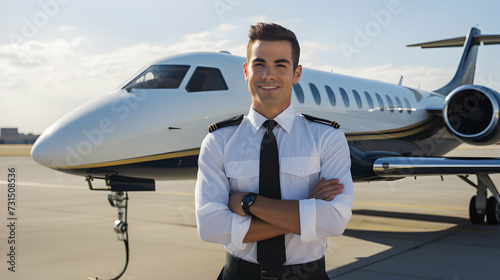 Pilot of modern private jet. Young smiling airline employee in front of the plane.