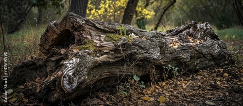 A fallen tree trunk, decayed.