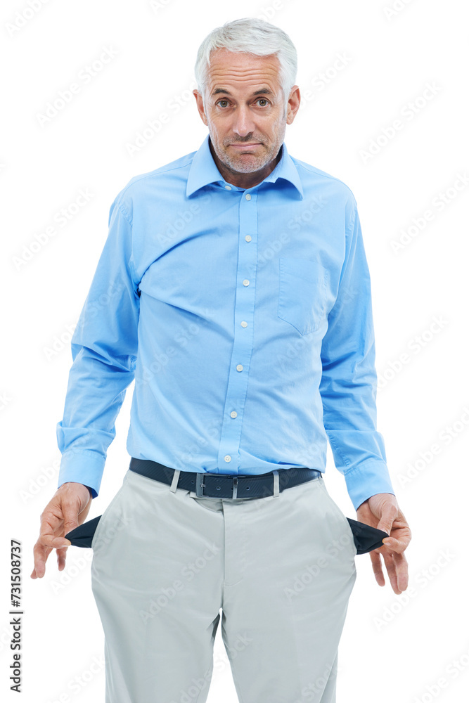 Businessman, portrait and empty pocket in studio or bankrupt or no money for financial crisis, unemployment or fail. Male person, face and economic problem with poverty, white background or mockup Businessman, portrait and empty pocket in studio or bankrupt or no money for financial crisis, unemployment or fail. Male person, face and economic problem with poverty, white background or mockup