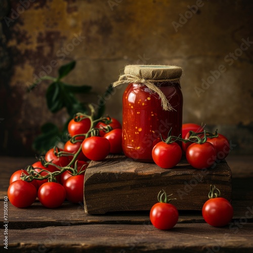 Surrounded by a jar of rich tomatoes are carefully placed props that reinforce the theme and enhance the visual storytelling. Perhaps there are brightly colored fresh tomatoes scattered throughout.