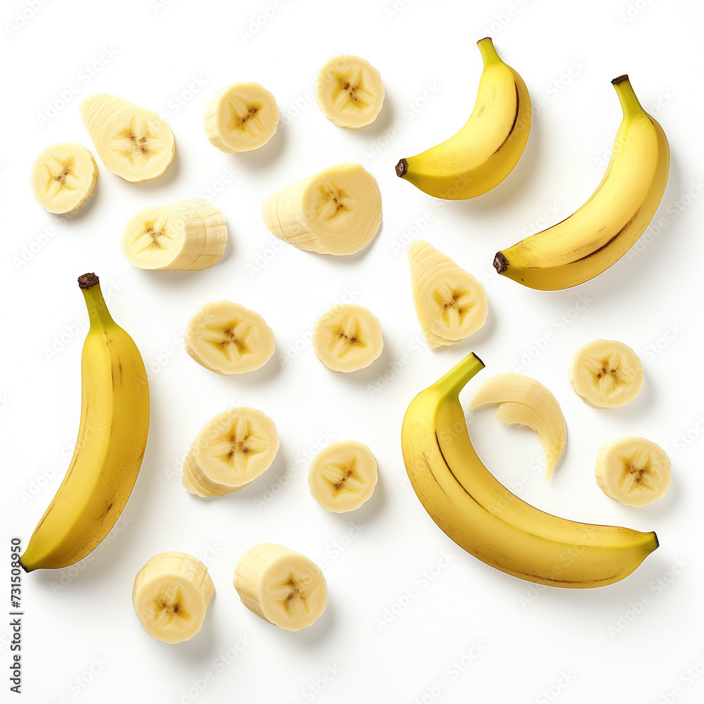 Banana Delight Vibrant Images Featuring Whole and Sliced Bananas on Pure White Banana Delight Vibrant Images Featuring Whole and Sliced Bananas on Pure White