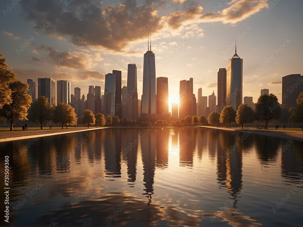 Cityscape at golden hour, with intricate reflections of the skyscrapers on the glassy surface of a lake in the park. Cityscape at golden hour, with intricate reflections of the skyscrapers on the glassy surface of a lake in the park.