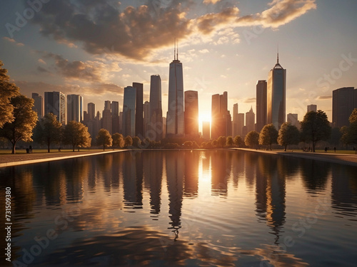 Cityscape at golden hour  with intricate reflections of the skyscrapers on the glassy surface of a lake in the park.