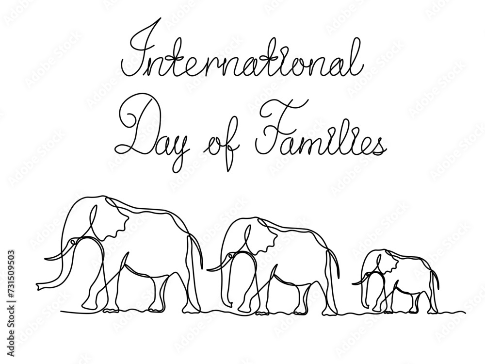 International Day of Families. The elephant family. continuous one line art hand drawing sketch