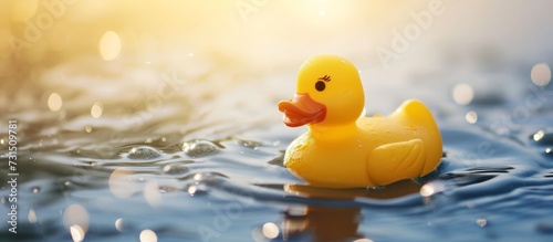 A duck-shaped bath toy with a yellow color is seen floating on the surface of a water body, resembling a bird floating on liquid.