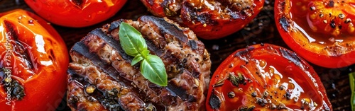 Grilled tomatoes with meat and spices on a wooden board. Selective focus. Banner.