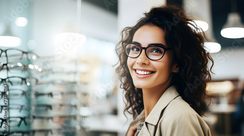 Young smiling woman tries buying on new glasses in an optical salon. Portrait of a beautiful brunette in a store with blank copy space. Advertisement banner.