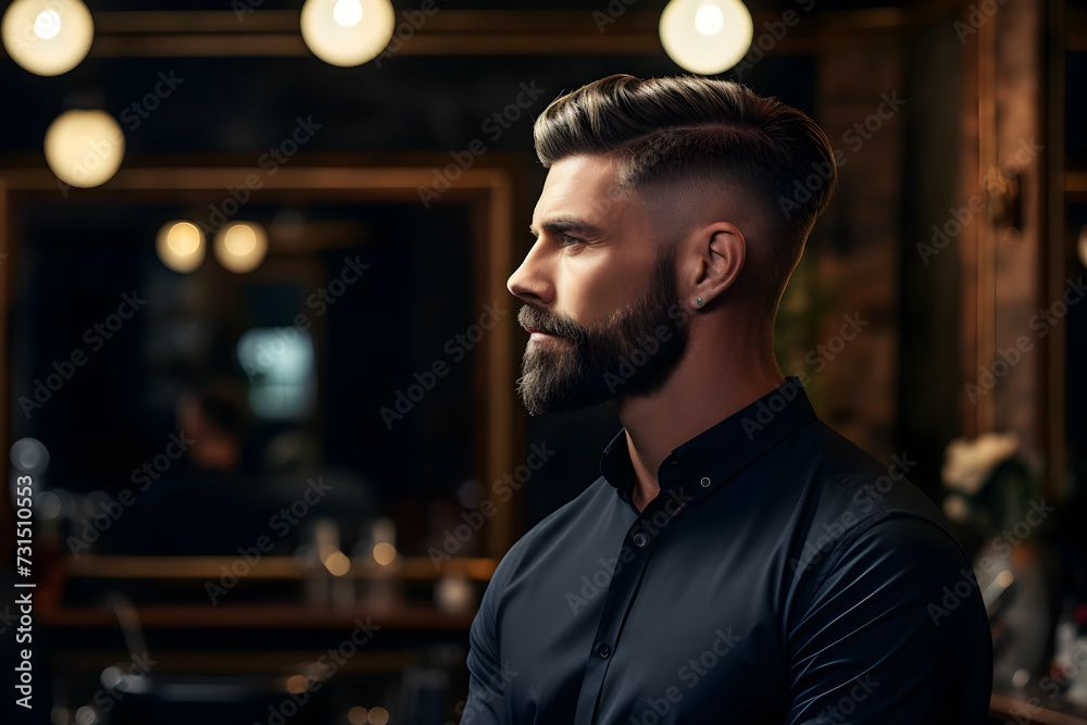 Fototapeta premium Man after a haircut in a stylized hairdressing salon, portrait of a young male, side view, copy space on blurred dark background