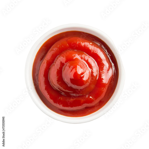Ketchup in a bowl isolated on transparent background. Top view.