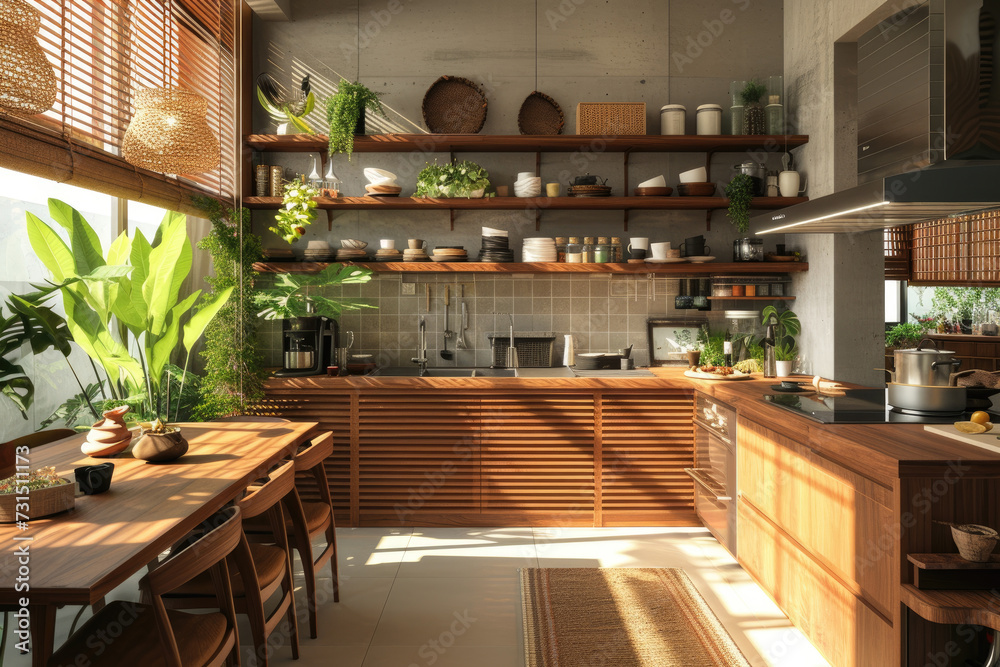 the living room and kitchen of a modern apartment with wooden furniture, and many plants