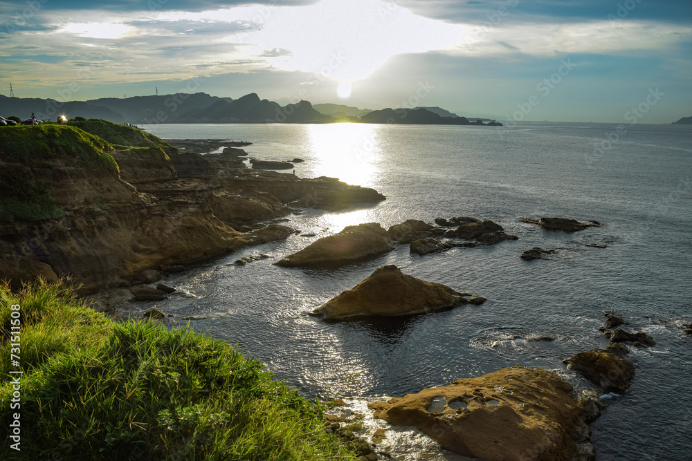 Beautiful sunshine by the coastline with amazing rocks in Keelung, Taiwan.