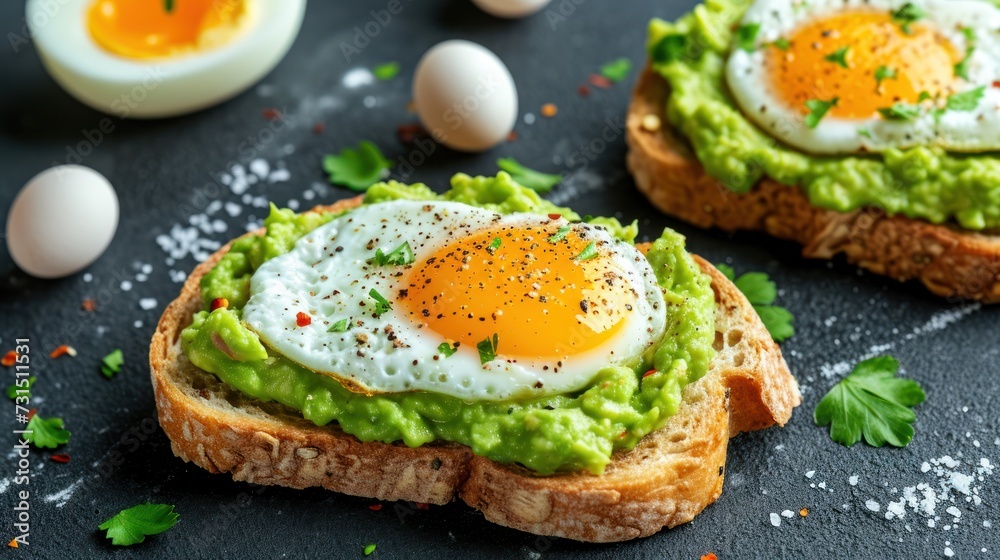 Avocado toast with fried egg and parsley on black background. Avocado toast with fried egg and parsley on black background.