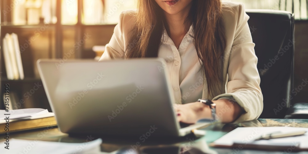 Laptop, idea and thinking business woman, legal consultant or lawyer working on research report, settlement or solution plan. Law firm, computer and professional attorney problem solving project - obrazy, fototapety, plakaty 