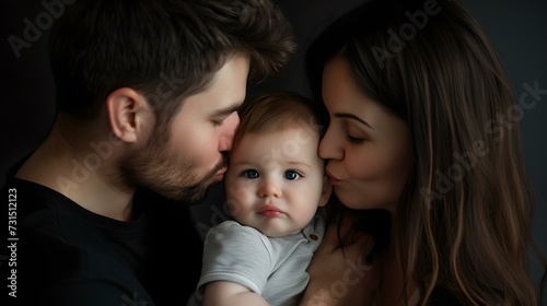 Intimate family moment with young couple and baby. tender and emotive portrait, perfect for lifestyle and relationship themes. captured in a natural, candid style. AI