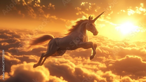 Generate a visually stunning image of an otherworldly unicone horse soaring high above the clouds against a backdrop of a golden sunset.