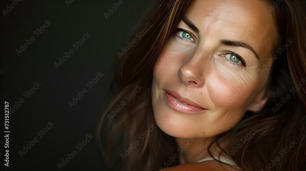 Portrait of a smiling woman with brown hair and green eyes on a dark background. simple yet expressive photography style. AI Portrait of a smiling woman with brown hair and green eyes on a dark background. simple yet expressive photography style. AI