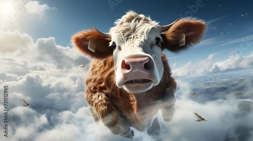 Super cow flying over clouds