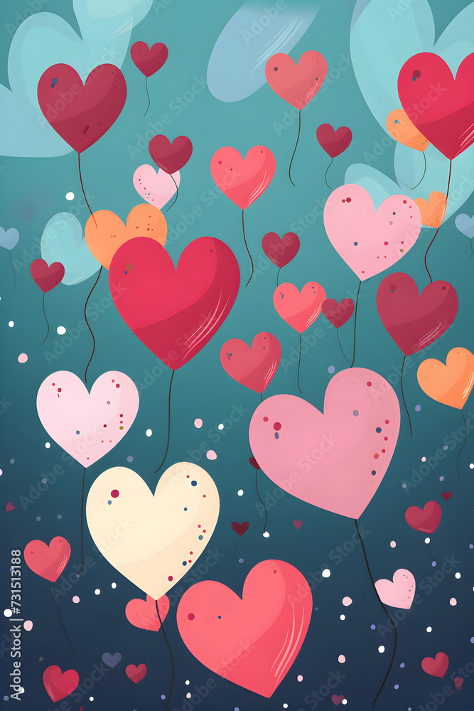 Flying colorful cute hearts, retro greeting card, vertical layout, valentines day