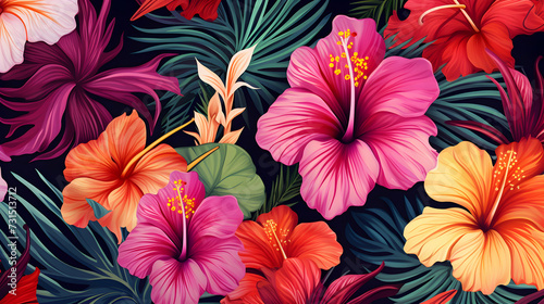 Tropical floral pattern, blooming exotic wallpaper with hibiscus flowers © pawczar