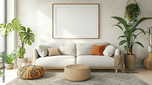 Fototapeta Naklejka Na Ścianę i Meble -  Frame mockup, ISO A paper size. Living room wall poster mockup. Interior mockup with house background. Modern interior design. 3D render