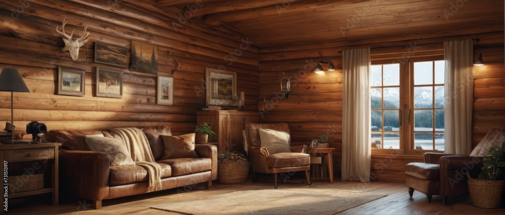 Cozy cabin interior with wooden background Cozy cabin interior with wooden background
