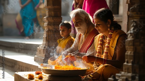 Indian family performing traditional ritual in temple. cultural ceremony captured in vibrant setting. candid religious moment. AI