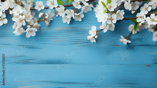 Spring blooming branch on blue background, copy blank space