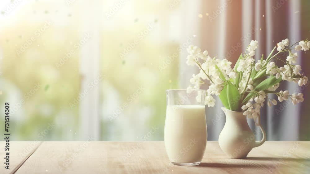 Fresh cold milk on wooden table and kitchen interior. seamless looping overlay 4k virtual video animation background Fresh cold milk on wooden table and kitchen interior. seamless looping overlay 4k virtual video animation background