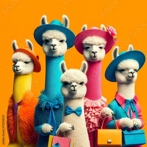 Creative animal concept. Llamas in a group, vibrant bright fashionable outfits isolated on solid background advertisement, copy text space. birthday party invite invitation banner © Eva